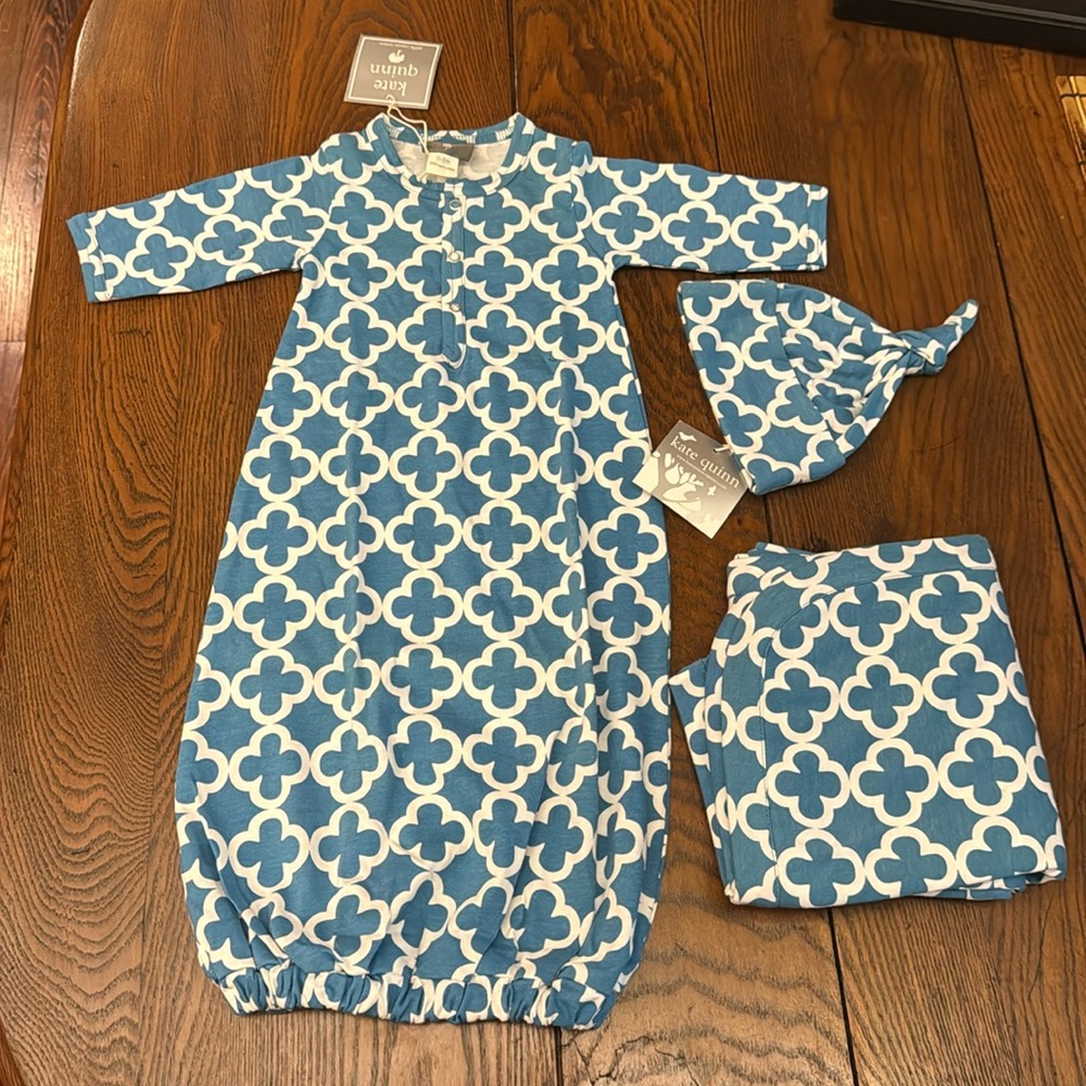 Kate Quinn Blue Print Sleeper, Hat, and Blanket